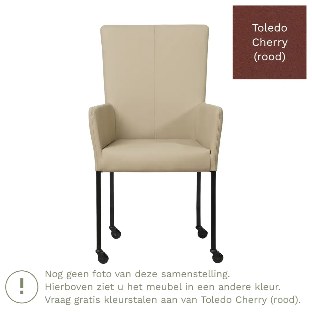afbeelding van Leren eetkamerstoel Deal met armleuning - Toledo Cherry (rood) - Poten staal vierkant RVS