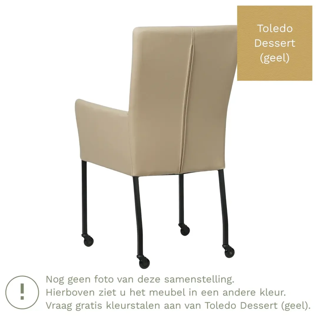 afbeelding van Leren eetkamerstoel Deal met armleuning - Toledo Dessert (geel) - Poten staal vierkant zwart
