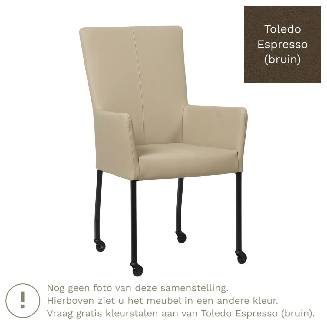 afbeelding van Leren eetkamerstoel Deal met armleuning - Toledo Espresso (bruin) - Poten staal vierkant RVS