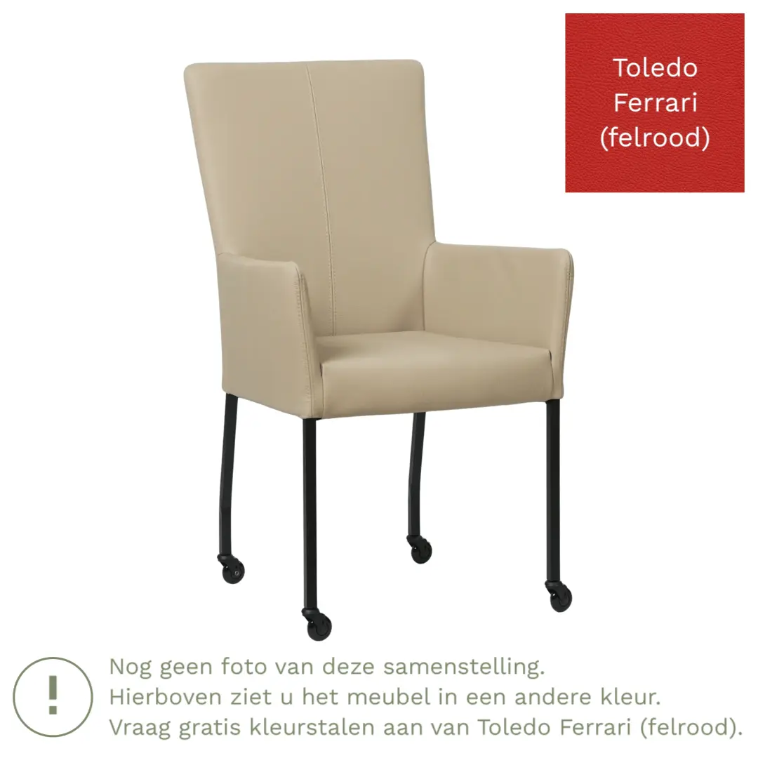 afbeelding van Leren eetkamerstoel Deal met armleuning - Toledo Ferrari (felrood) - Poten staal vierkant RVS
