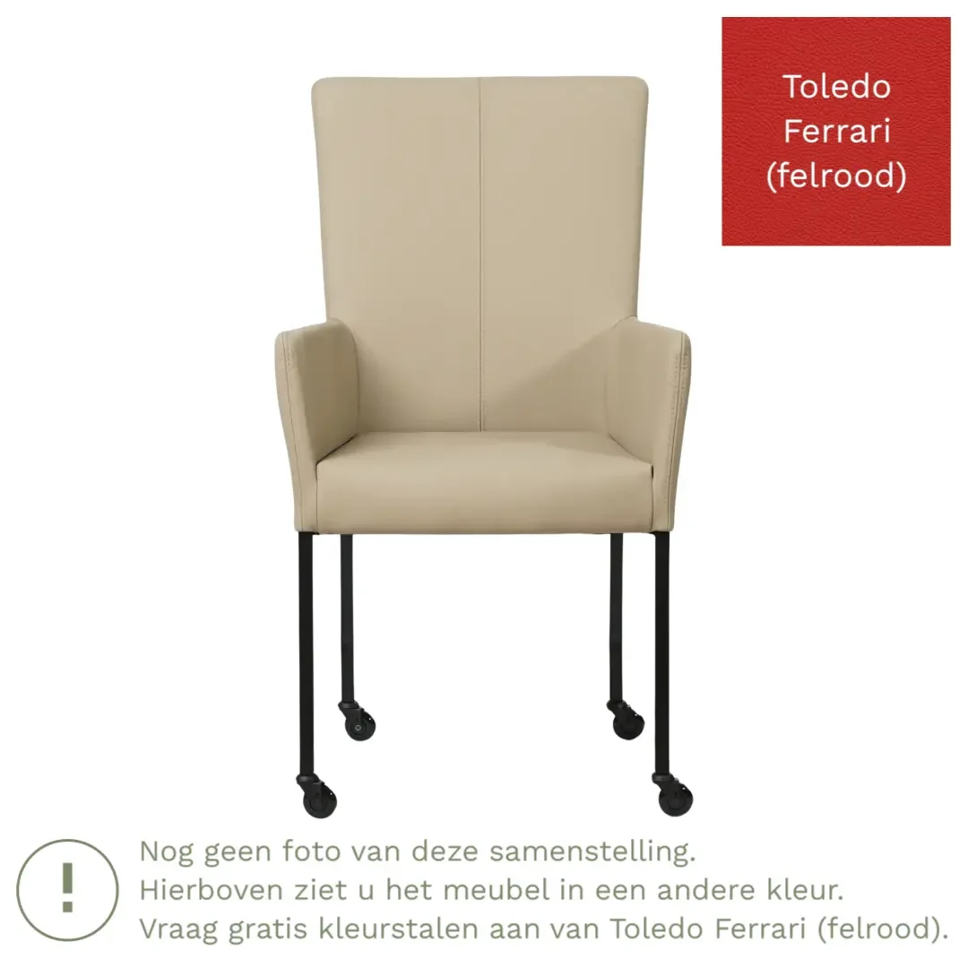 afbeelding van Leren eetkamerstoel Deal met armleuning - Toledo Ferrari (felrood) - Poten staal vierkant RVS