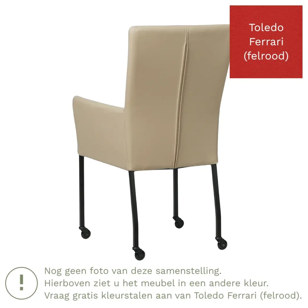 afbeelding van Leren eetkamerstoel Deal met armleuning - Toledo Ferrari (felrood) - Poten staal vierkant RVS
