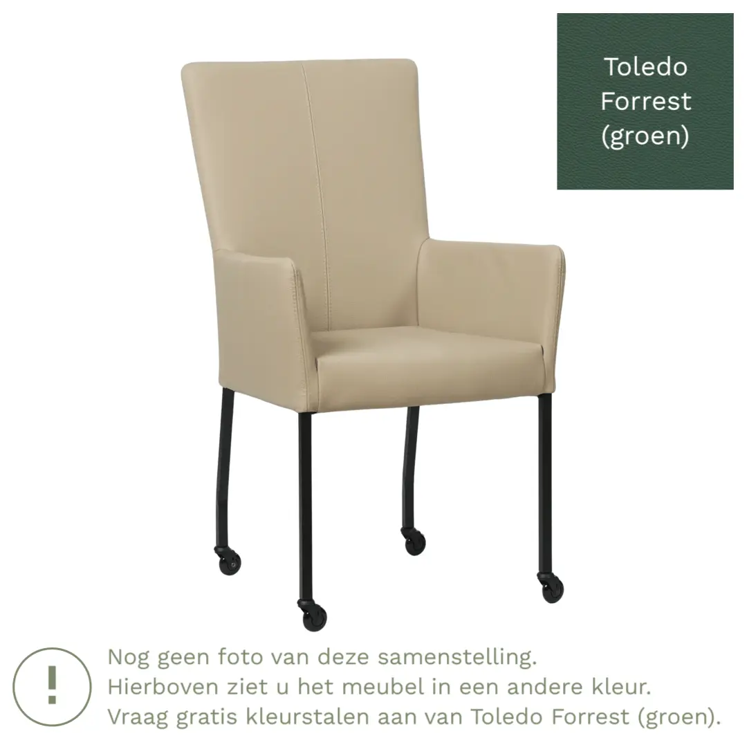 afbeelding van Leren eetkamerstoel Deal met armleuning - Toledo Forrest (groen) - Poten staal vierkant zwart
