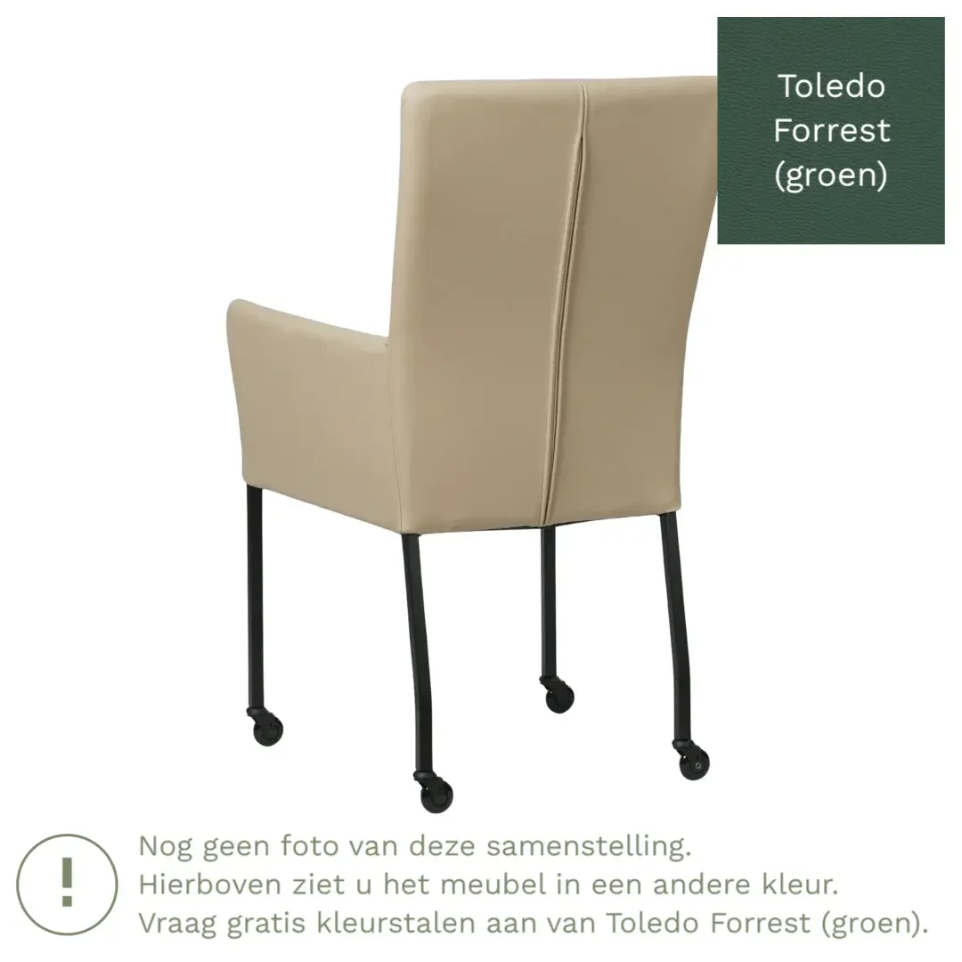 afbeelding van Leren eetkamerstoel Deal met armleuning - Toledo Forrest (groen) - Poten staal vierkant zwart