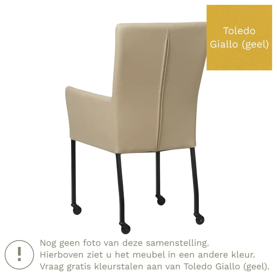 afbeelding van Leren eetkamerstoel Deal met armleuning - Toledo Giallo (geel) - Poten staal vierkant RVS