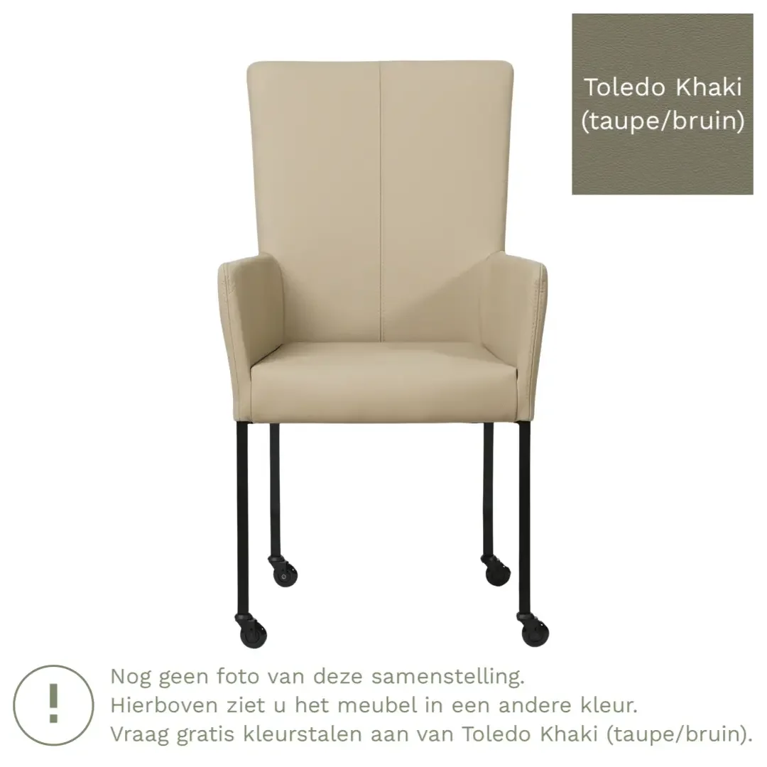 afbeelding van Leren eetkamerstoel Deal met armleuning - Toledo Khaki (taupe/bruin) - Poten staal vierkant zwart