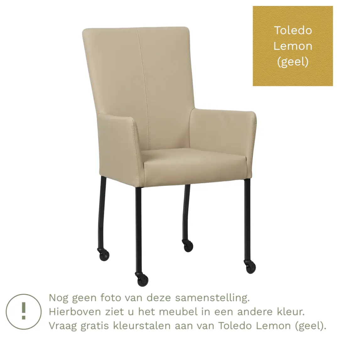 afbeelding van Leren eetkamerstoel Deal met armleuning - Toledo Lemon (geel) - Poten staal vierkant zwart