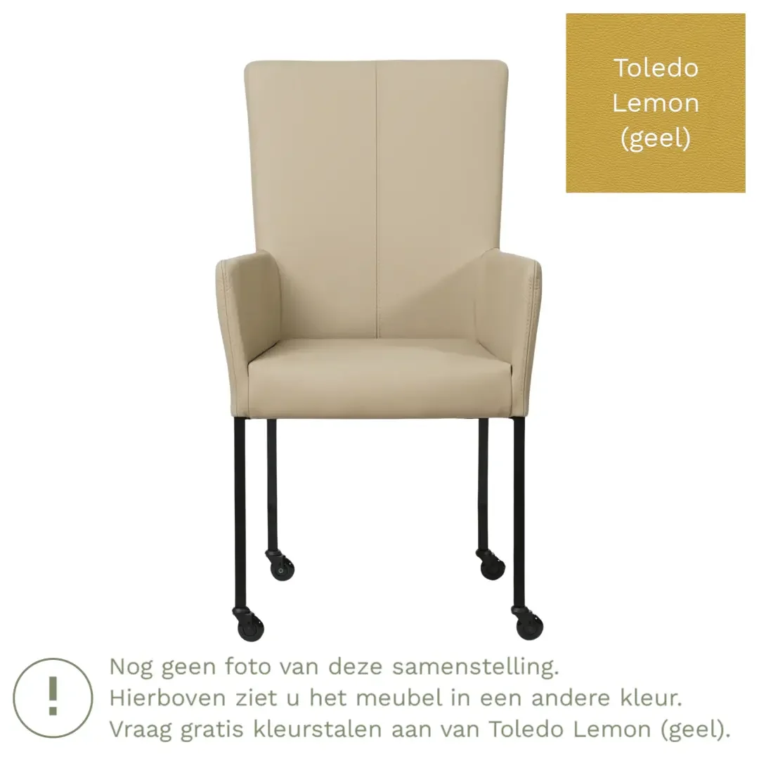 afbeelding van Leren eetkamerstoel Deal met armleuning - Toledo Lemon (geel) - Poten staal vierkant zwart