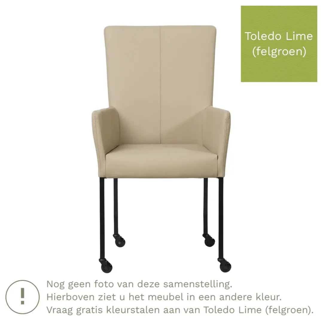 afbeelding van Leren eetkamerstoel Deal met armleuning - Toledo Lime (felgroen) - Poten staal vierkant zwart