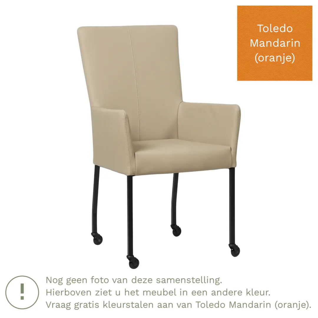 afbeelding van Leren eetkamerstoel Deal met armleuning - Toledo Mandarin (oranje) - Poten staal vierkant zwart