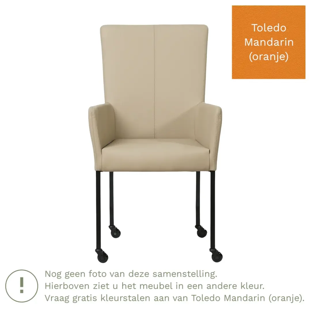 afbeelding van Leren eetkamerstoel Deal met armleuning - Toledo Mandarin (oranje) - Poten staal vierkant zwart