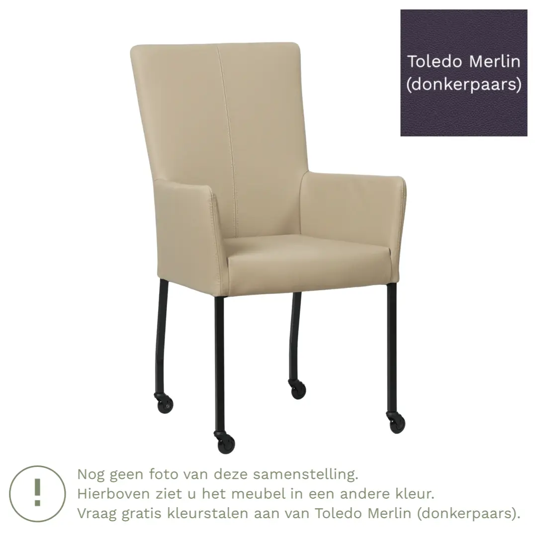 afbeelding van Leren eetkamerstoel Deal met armleuning - Toledo Merlin (donkerpaars) - Poten staal vierkant zwart