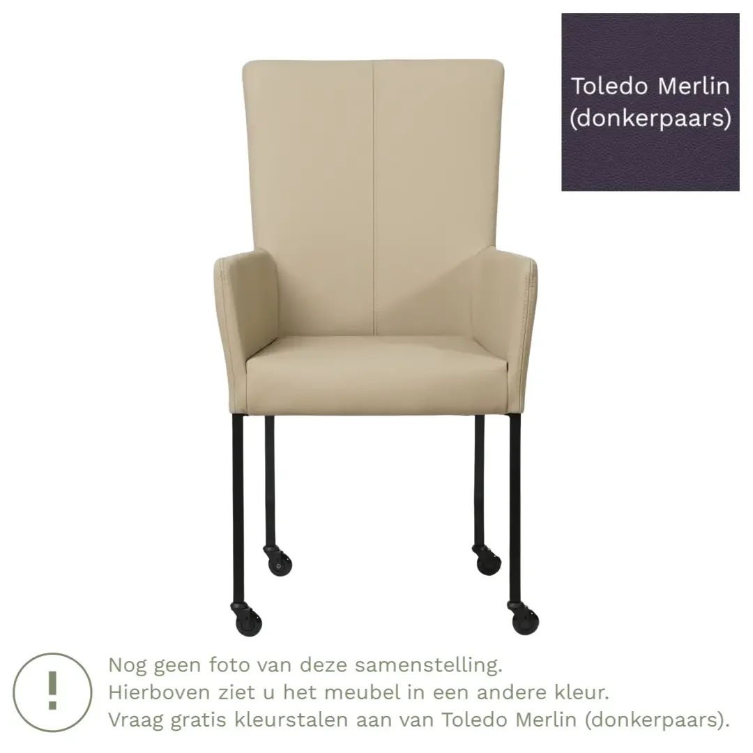 afbeelding van Leren eetkamerstoel Deal met armleuning - Toledo Merlin (donkerpaars) - Poten staal vierkant zwart