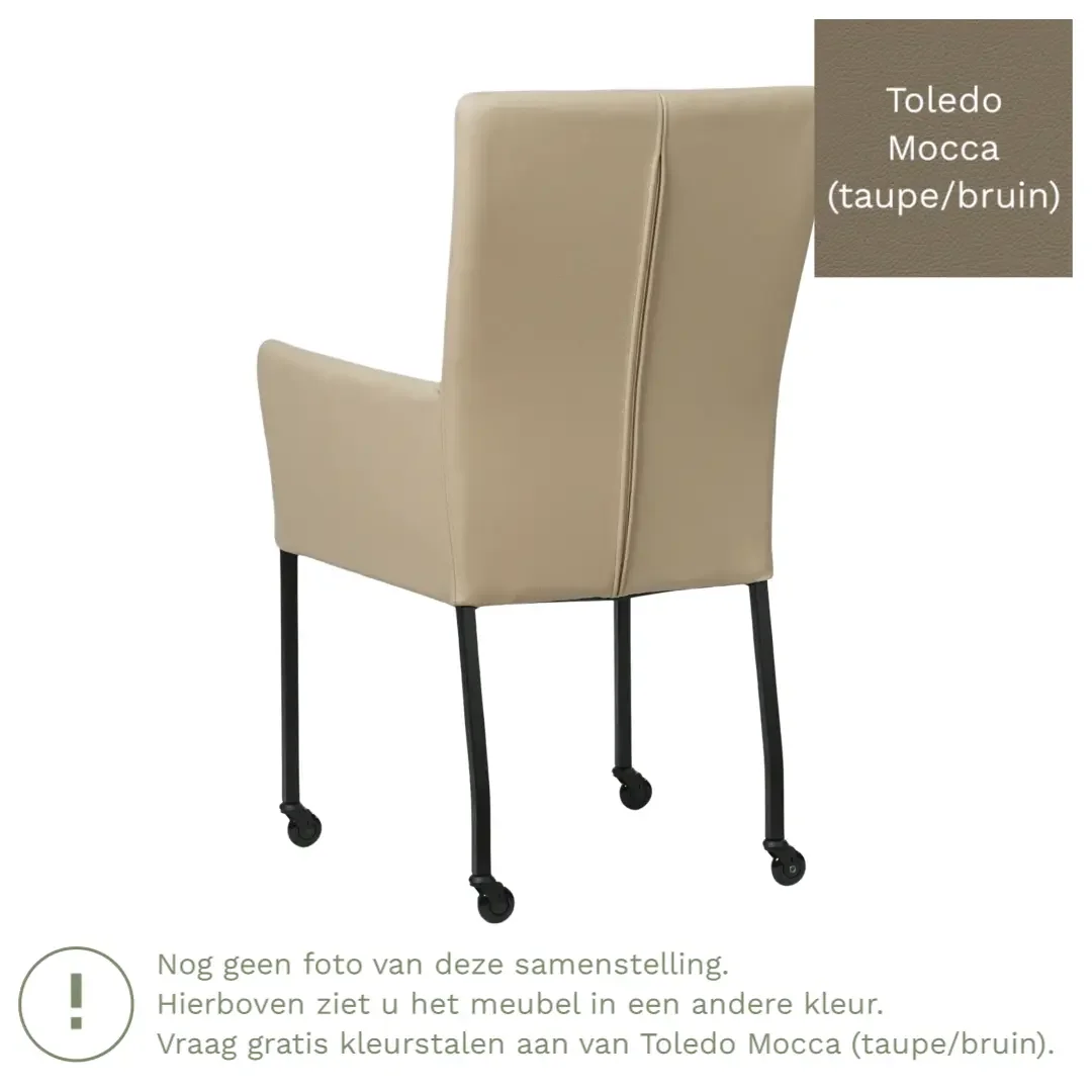 afbeelding van Leren eetkamerstoel Deal met armleuning - Toledo Mocca (taupe/bruin) - Poten staal vierkant RVS