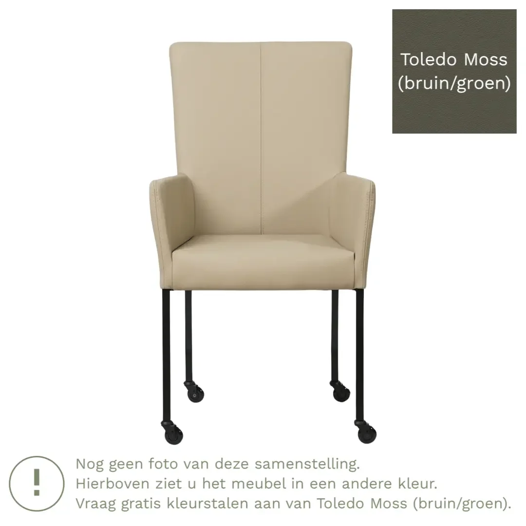 afbeelding van Leren eetkamerstoel Deal met armleuning - Toledo Moss (bruin/groen) - Poten staal vierkant zwart