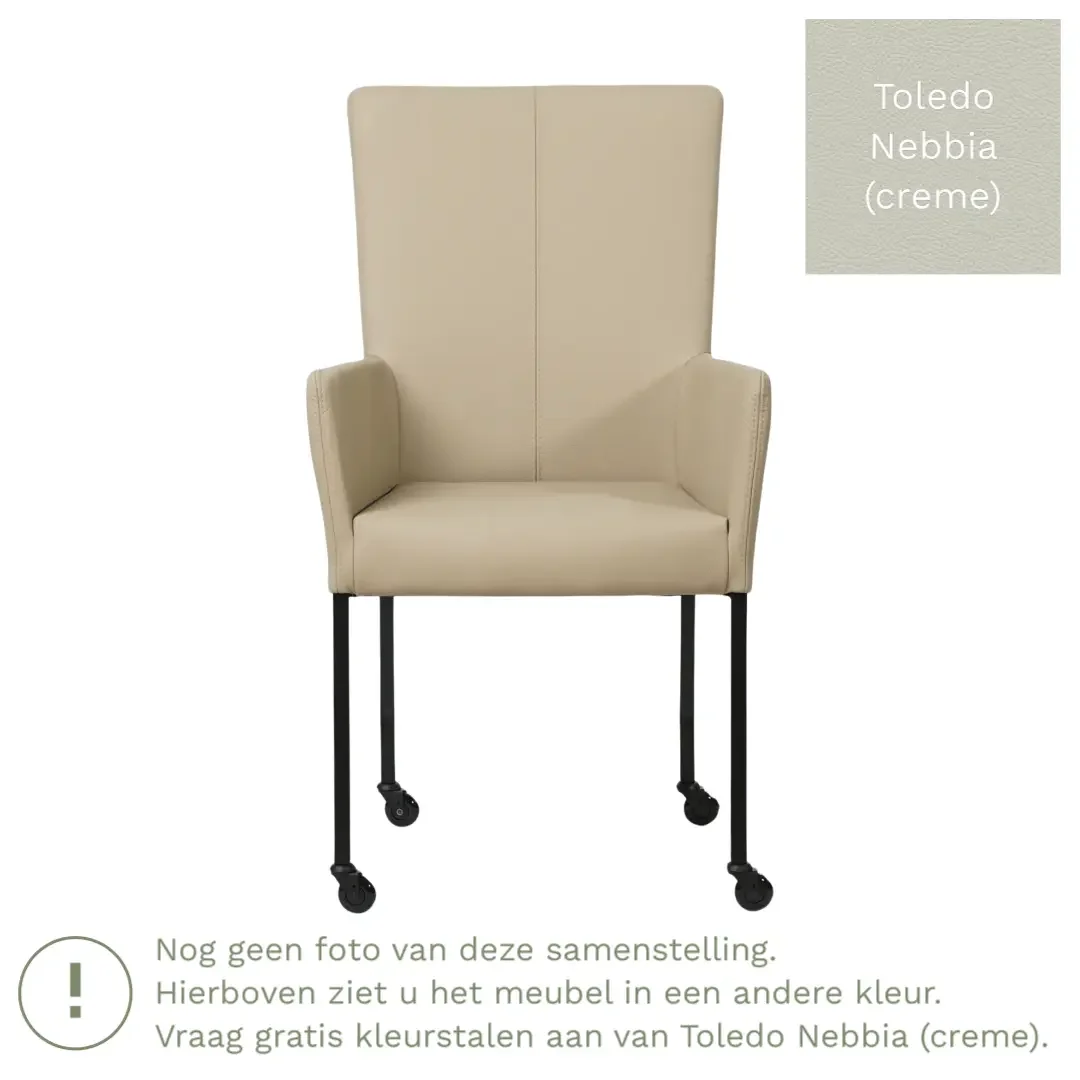 afbeelding van Leren eetkamerstoel Deal met armleuning - Toledo Nebbia (crème) - Poten staal vierkant zwart