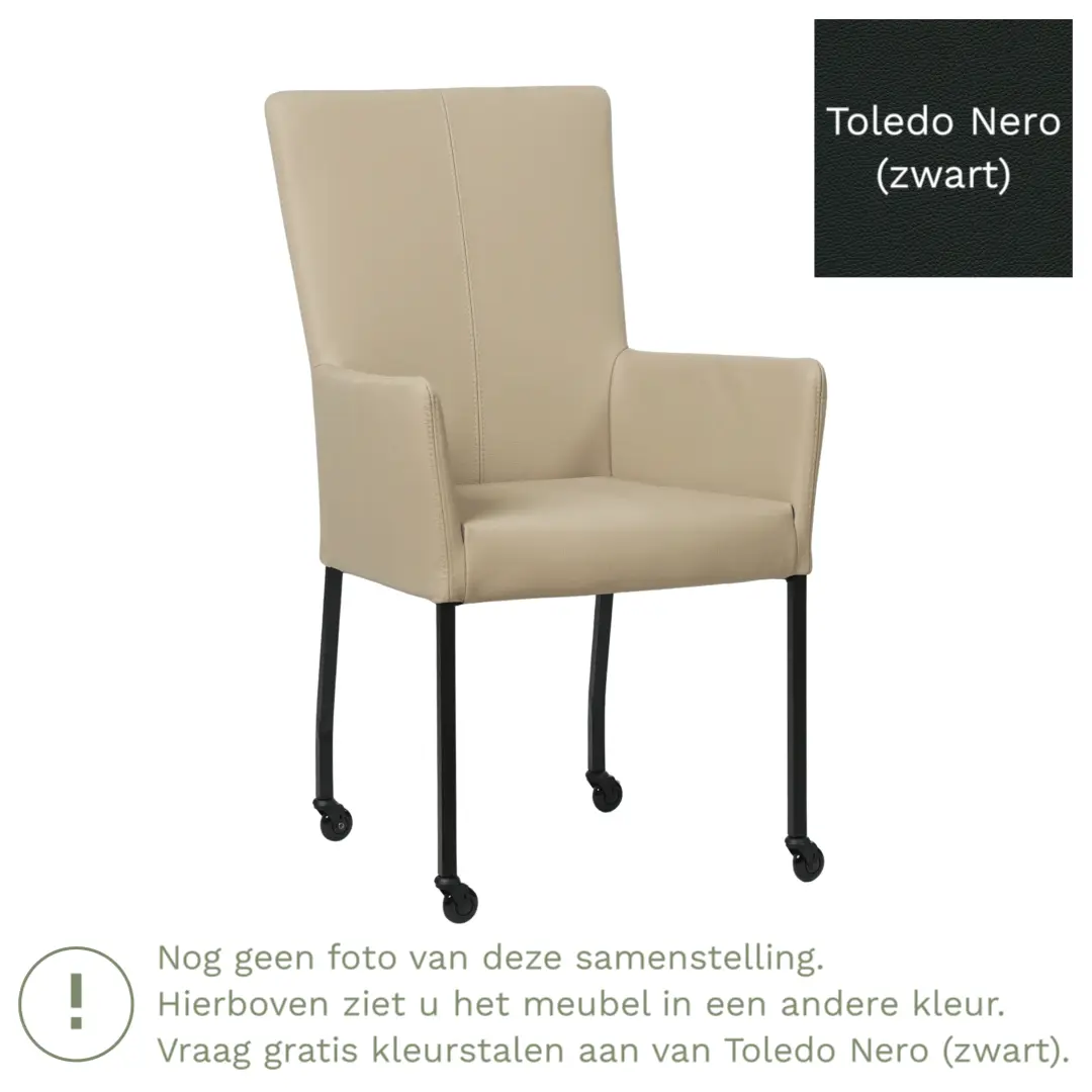 afbeelding van Leren eetkamerstoel Deal met armleuning - Toledo Nero (zwart) - Poten staal vierkant RVS