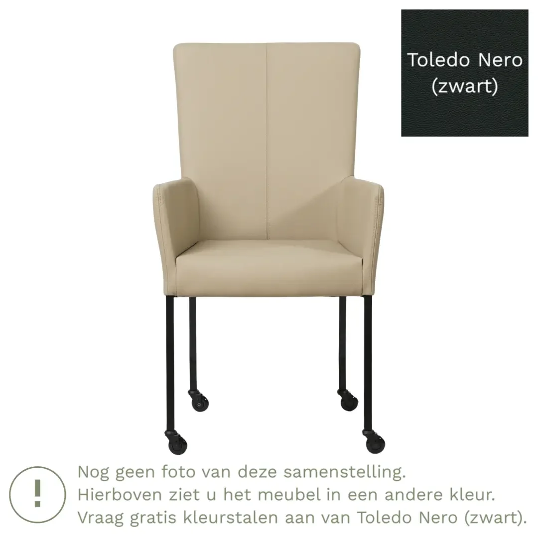 afbeelding van Leren eetkamerstoel Deal met armleuning - Toledo Nero (zwart) - Poten staal vierkant RVS