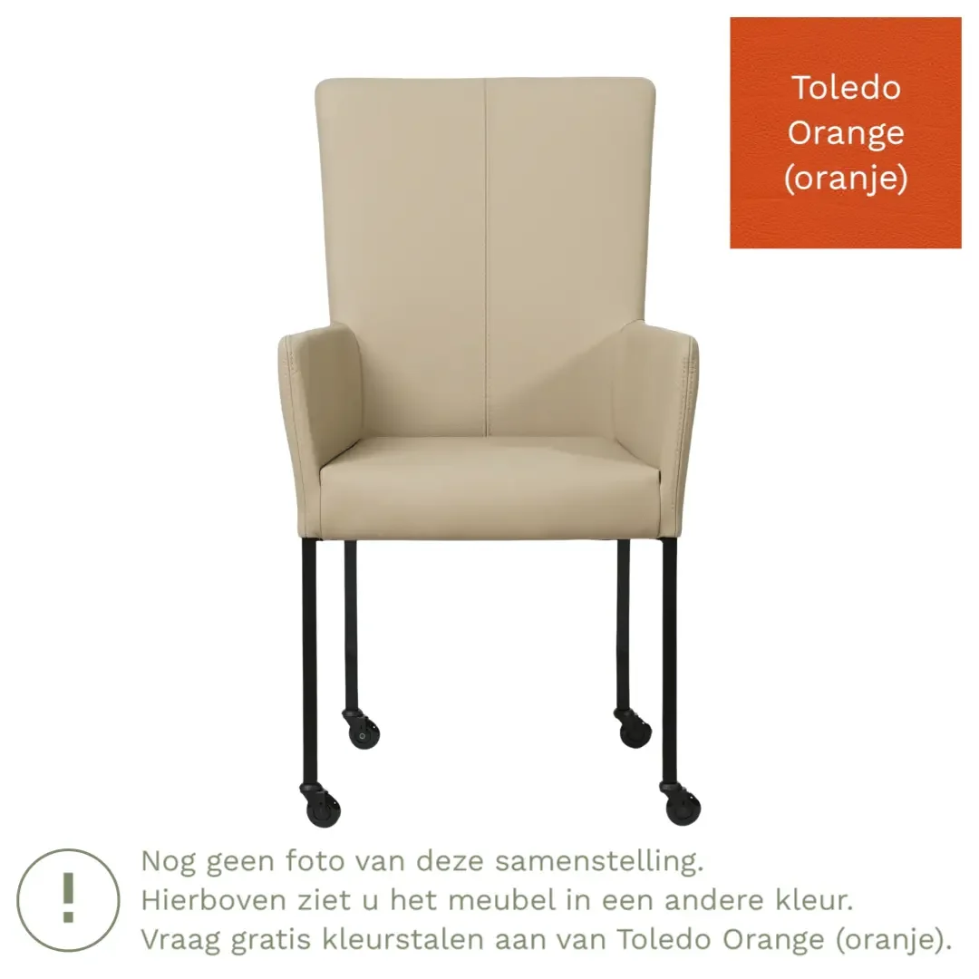 afbeelding van Leren eetkamerstoel Deal met armleuning - Toledo Orange (oranje) - Poten staal vierkant RVS