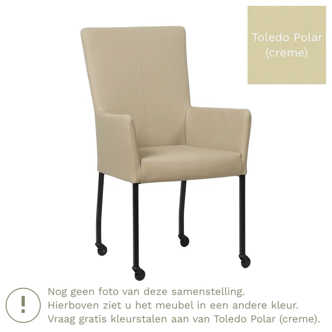 afbeelding van Leren eetkamerstoel Deal met armleuning - Toledo Polar (crème) - Poten staal vierkant RVS