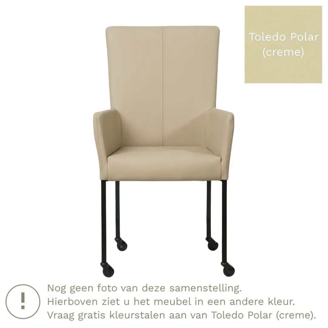 afbeelding van Leren eetkamerstoel Deal met armleuning - Toledo Polar (crème) - Poten staal vierkant zwart