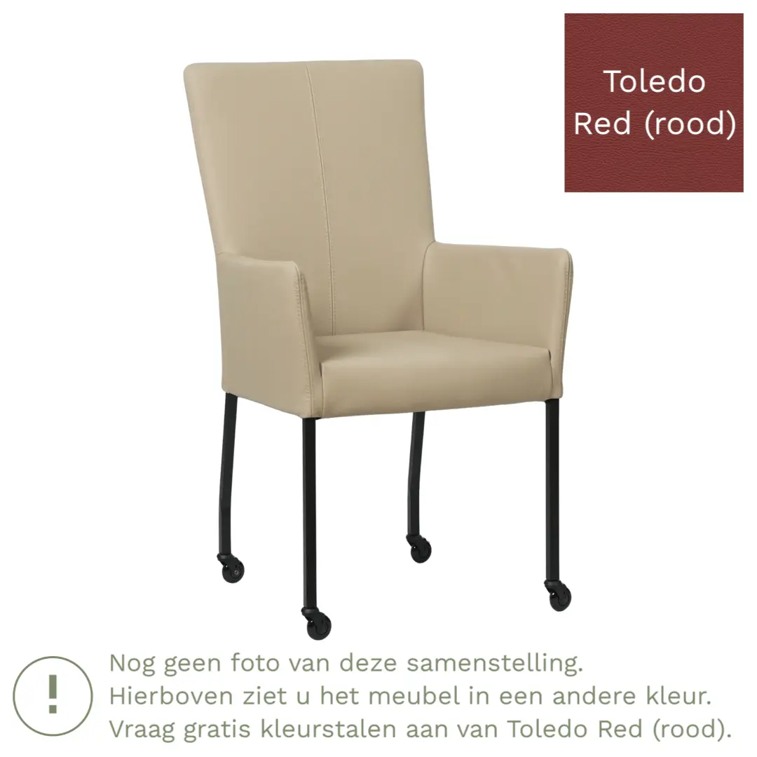 afbeelding van Leren eetkamerstoel Deal met armleuning - Toledo Red (rood) - Poten staal vierkant RVS
