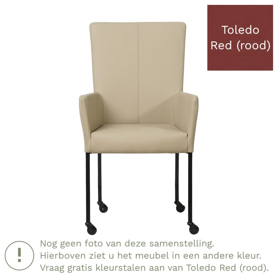 afbeelding van Leren eetkamerstoel Deal met armleuning - Toledo Red (rood) - Poten staal vierkant RVS