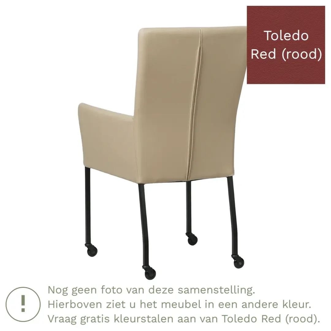 afbeelding van Leren eetkamerstoel Deal met armleuning - Toledo Red (rood) - Poten staal vierkant RVS
