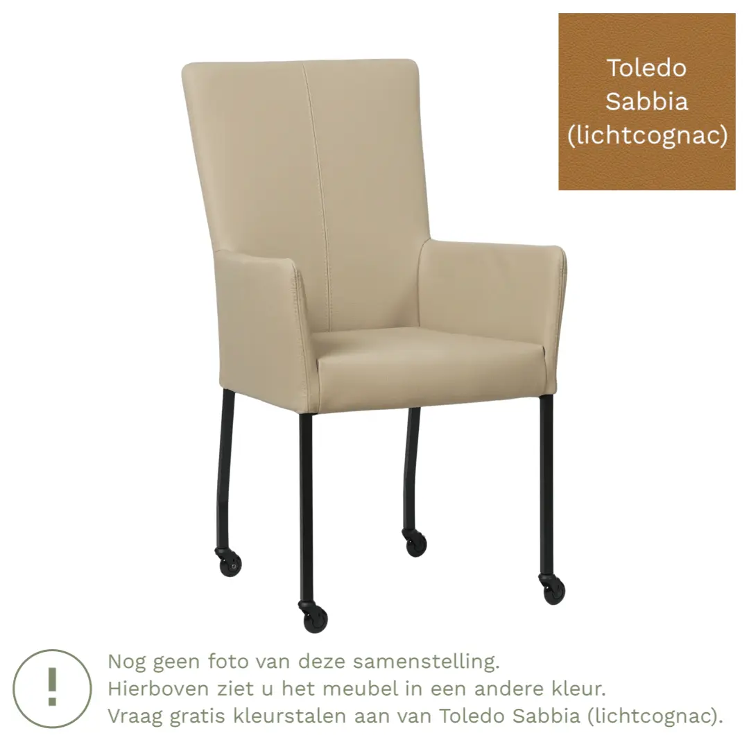 afbeelding van Leren eetkamerstoel Deal met armleuning - Toledo Sabbia (lichtcognac) - Poten staal vierkant zwart