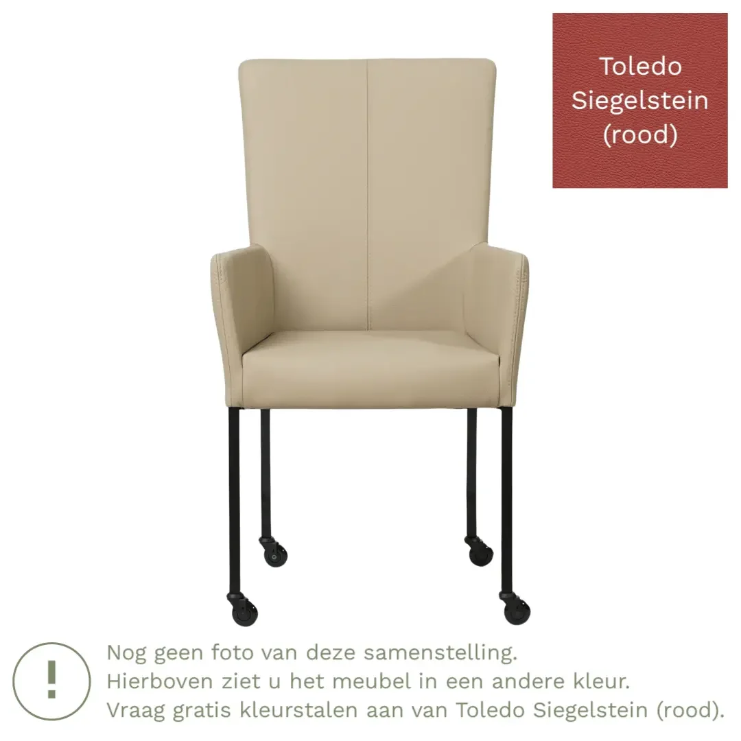 afbeelding van Leren eetkamerstoel Deal met armleuning - Toledo Siegelstein (rood) - Poten staal vierkant RVS