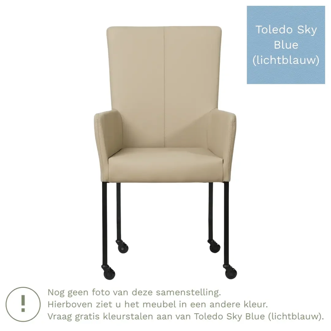 afbeelding van Leren eetkamerstoel Deal met armleuning - Toledo Sky Blue (lichtblauw) - Poten staal vierkant zwart