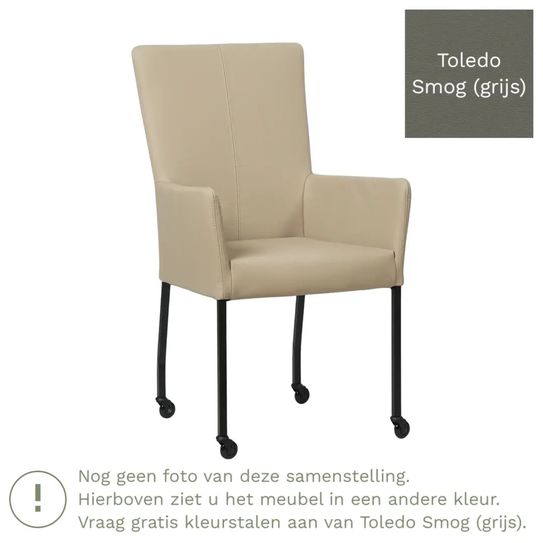 afbeelding van Leren eetkamerstoel Deal met armleuning - Toledo Smog (grijs) - Poten staal vierkant RVS