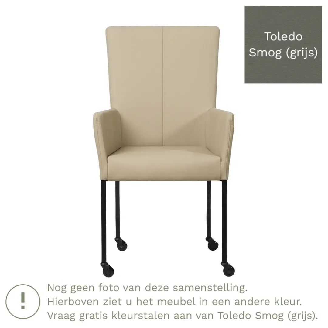 afbeelding van Leren eetkamerstoel Deal met armleuning - Toledo Smog (grijs) - Poten staal vierkant RVS