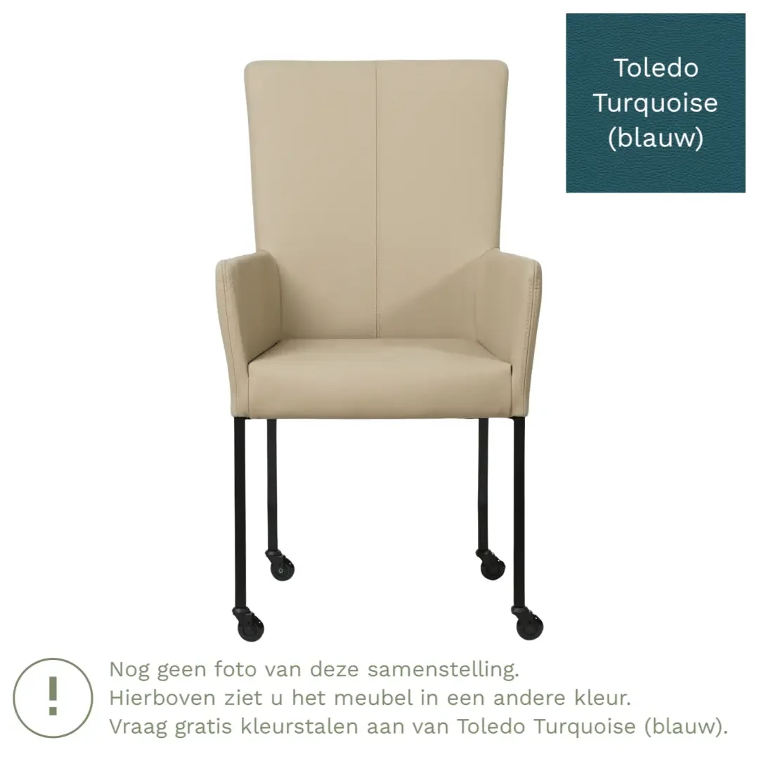 afbeelding van Leren eetkamerstoel Deal met armleuning - Toledo Turquoise (blauw) - Poten staal vierkant zwart