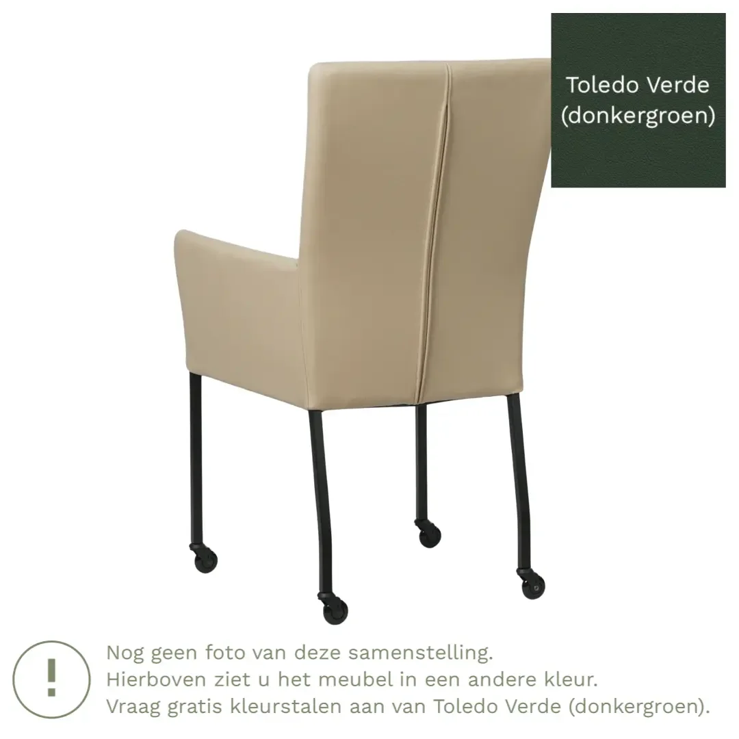 afbeelding van Leren eetkamerstoel Deal met armleuning - Toledo Verde (donkergroen) - Poten staal vierkant RVS