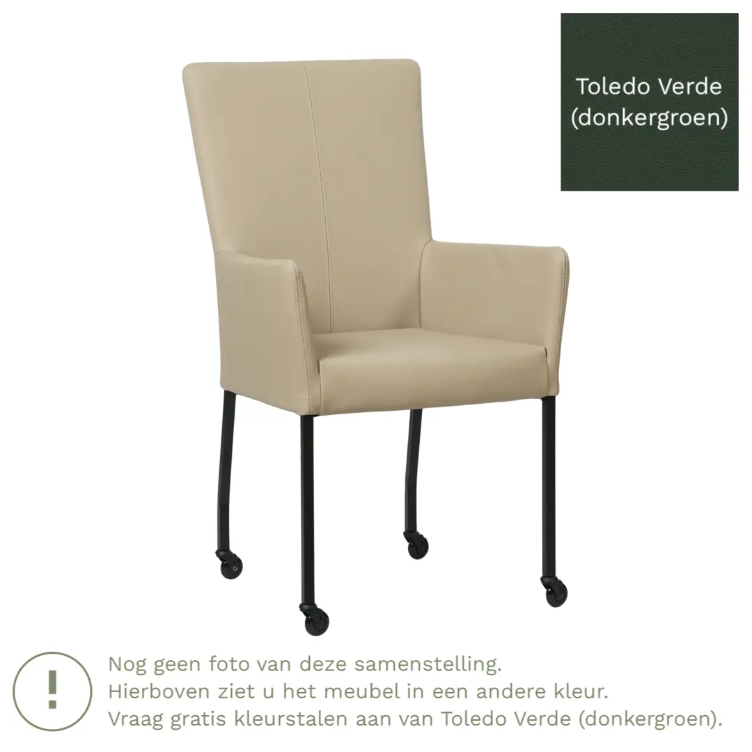 afbeelding van Leren eetkamerstoel Deal met armleuning - Toledo Verde (donkergroen) - Poten staal vierkant zwart