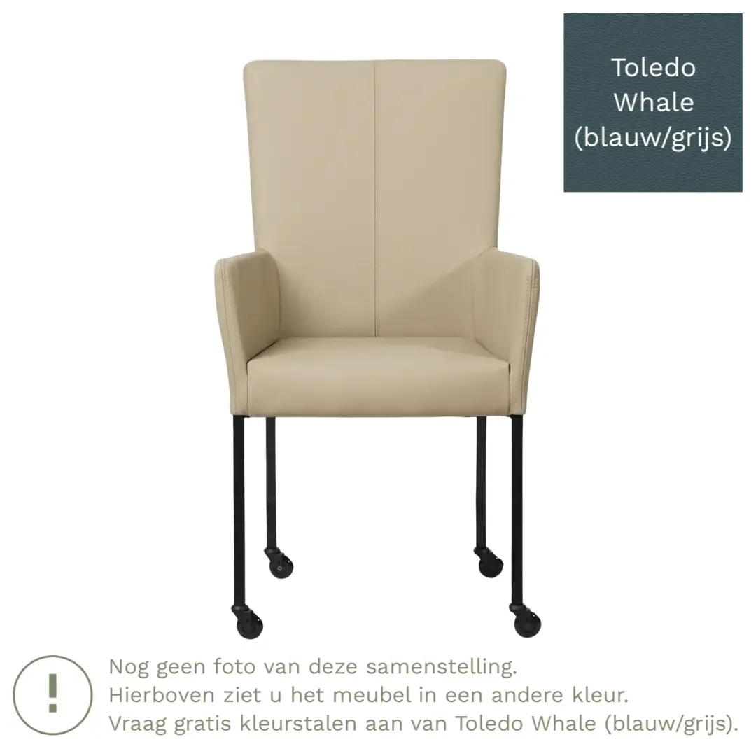 afbeelding van Leren eetkamerstoel Deal met armleuning - Toledo Whale (blauw/grijs) - Poten staal vierkant zwart