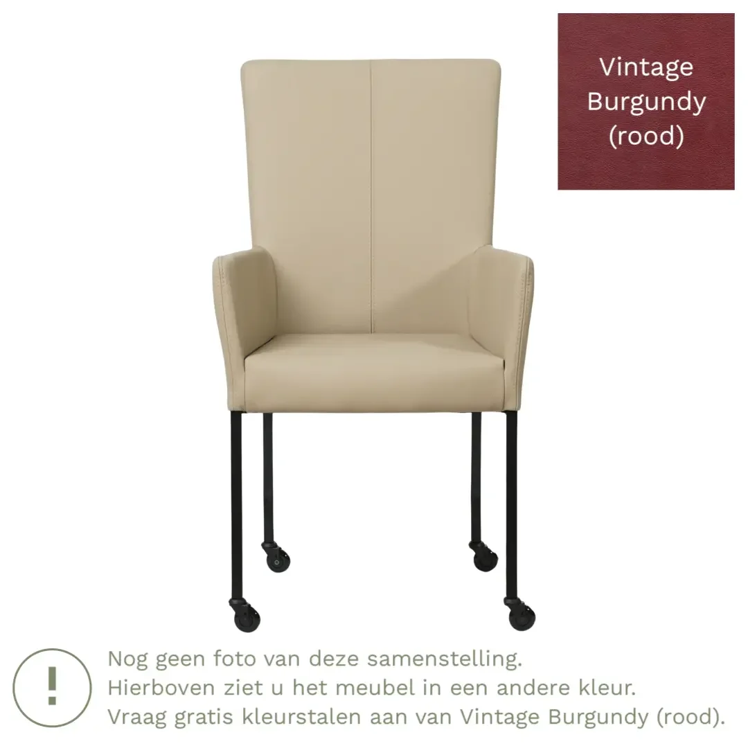 afbeelding van Leren eetkamerstoel Deal met armleuning - Vintage Burgundy (rood) - Poten staal vierkant zwart