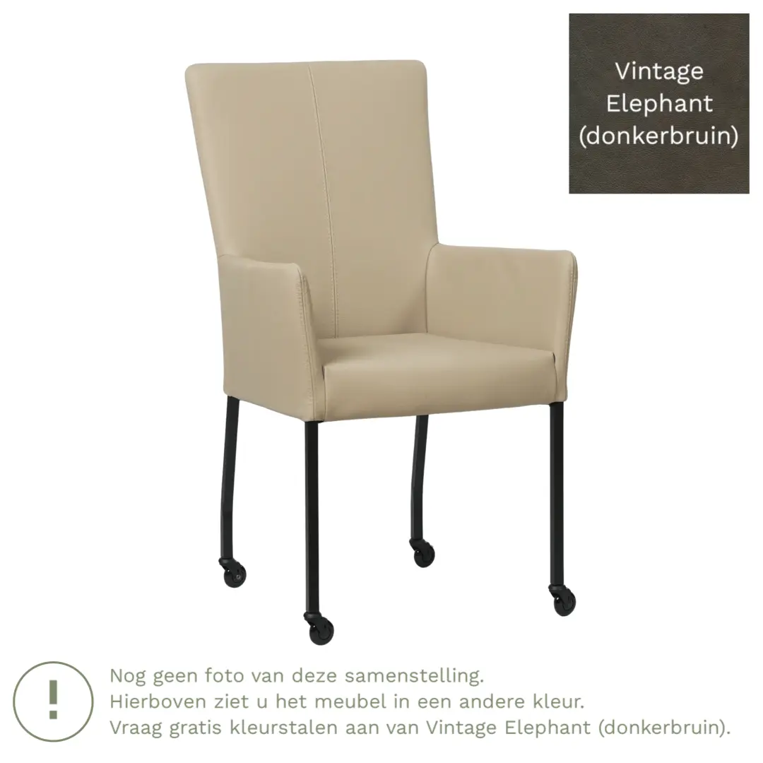 afbeelding van Leren eetkamerstoel Deal met armleuning - Vintage Elephant (donkerbruin) - Poten staal vierkant RVS