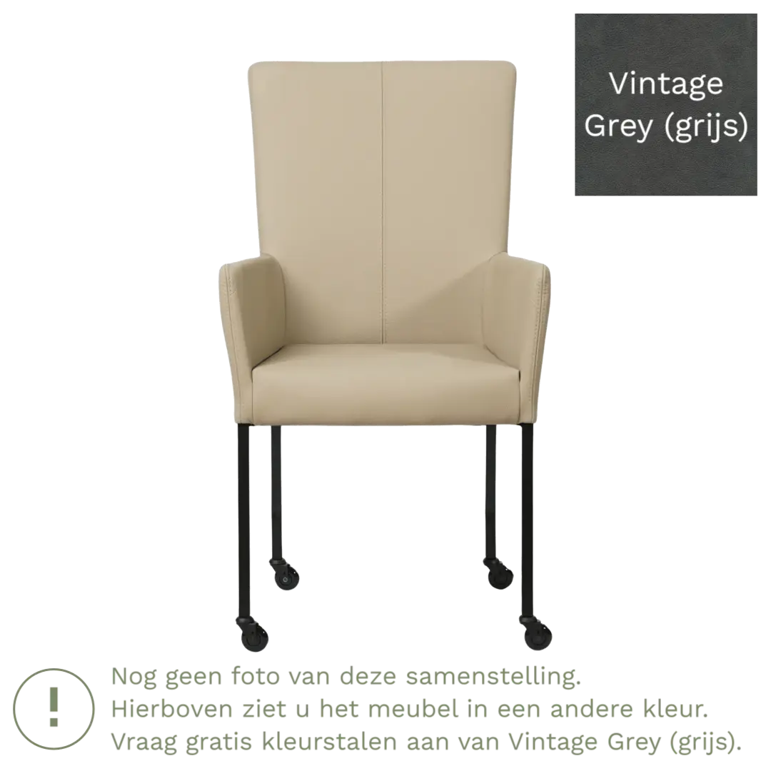 afbeelding van Leren eetkamerstoel Deal met armleuning - Vintage Grey (grijs) - Poten staal vierkant RVS