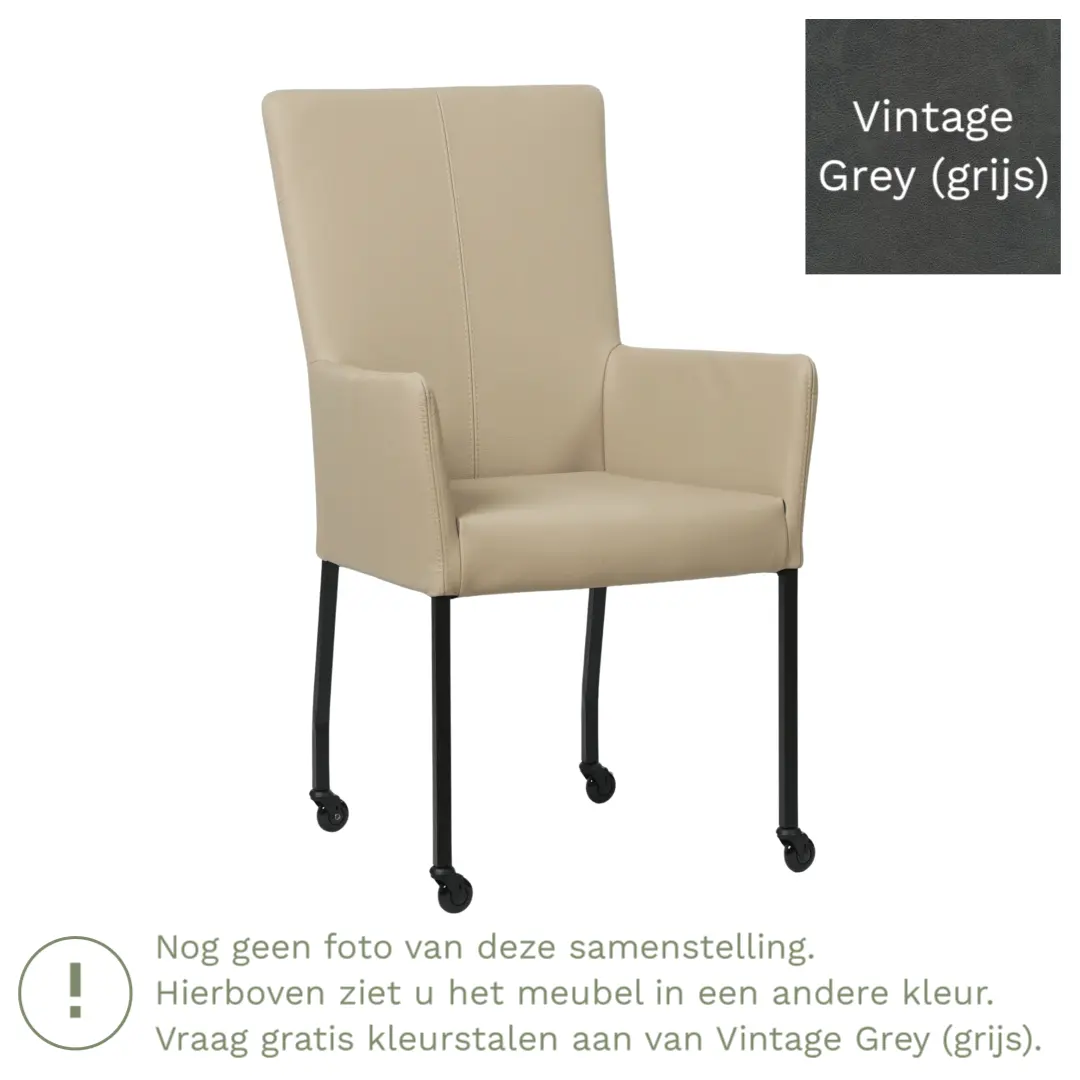 afbeelding van Leren eetkamerstoel Deal met armleuning - Vintage Grey (grijs) - Poten staal vierkant zwart