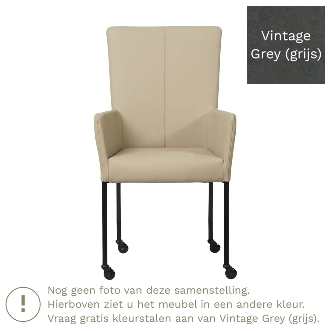 afbeelding van Leren eetkamerstoel Deal met armleuning - Vintage Grey (grijs) - Poten staal vierkant zwart