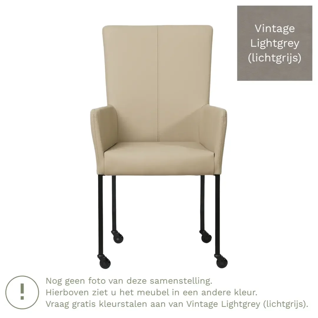 afbeelding van Leren eetkamerstoel Deal met armleuning - Vintage Lightgrey (lichtgrijs) - Poten staal vierkant RVS