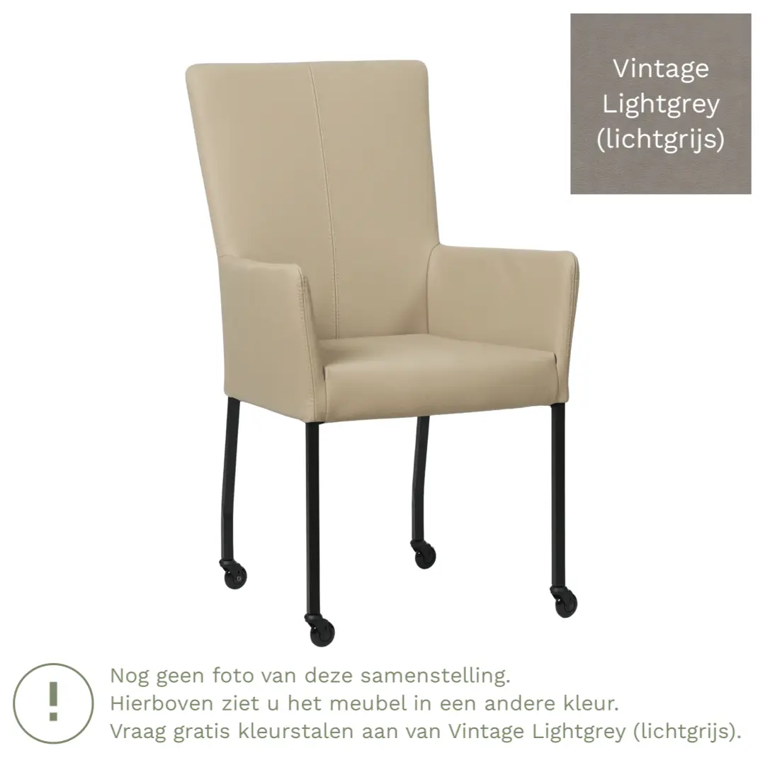 afbeelding van Leren eetkamerstoel Deal met armleuning - Vintage Lightgrey (lichtgrijs) - Poten staal vierkant zwart