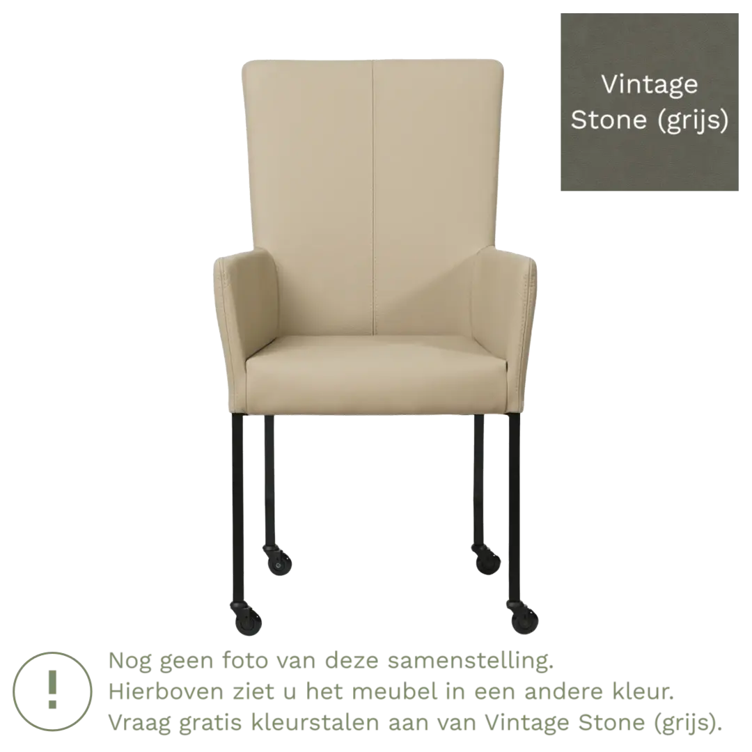 afbeelding van Leren eetkamerstoel Deal met armleuning - Vintage Stone (grijs) - Poten staal vierkant RVS
