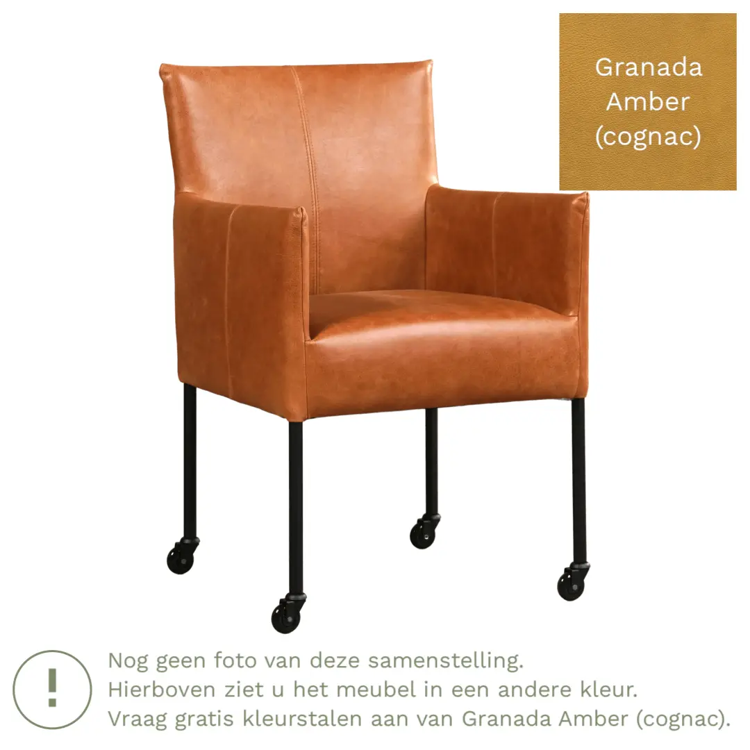 afbeelding van Leren eetkamerstoel Desire - Granada Amber (cognac) - Poten staal rond RVS