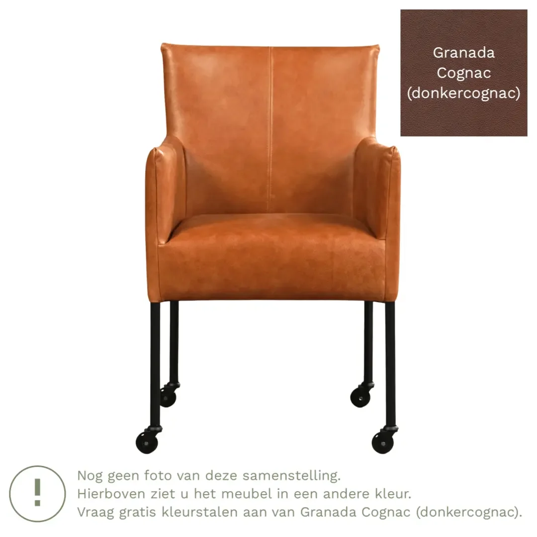 afbeelding van Leren eetkamerstoel Desire - Granada Cognac (donkercognac) - Poten staal rond RVS