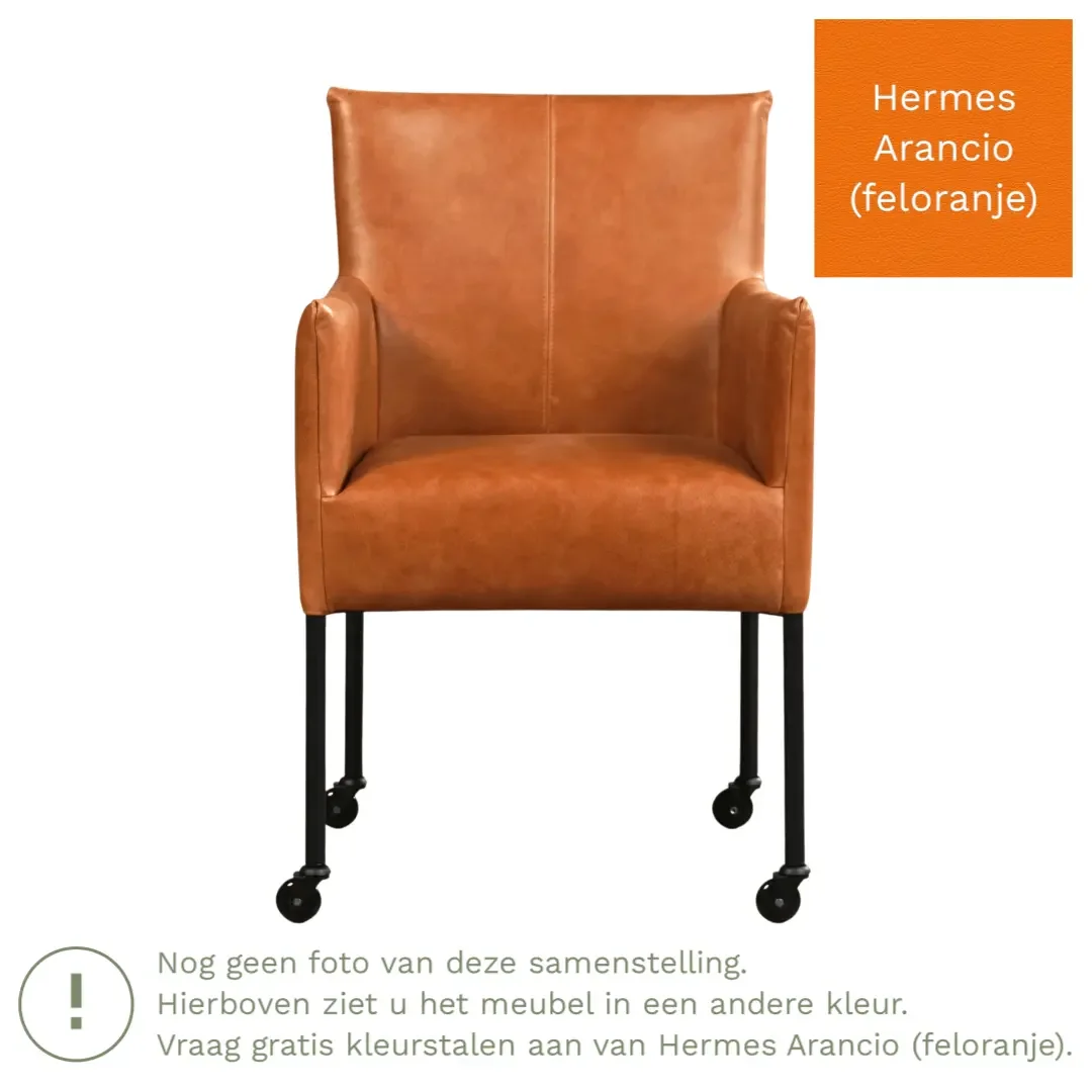 afbeelding van Leren eetkamerstoel Desire - Hermes Arancio (feloranje) - Poten staal rond RVS