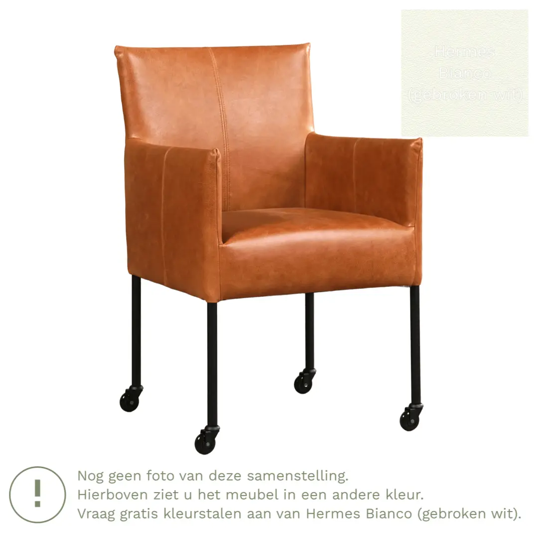 afbeelding van Leren eetkamerstoel Desire - Hermes Bianco (gebroken wit) - Poten staal rond RVS