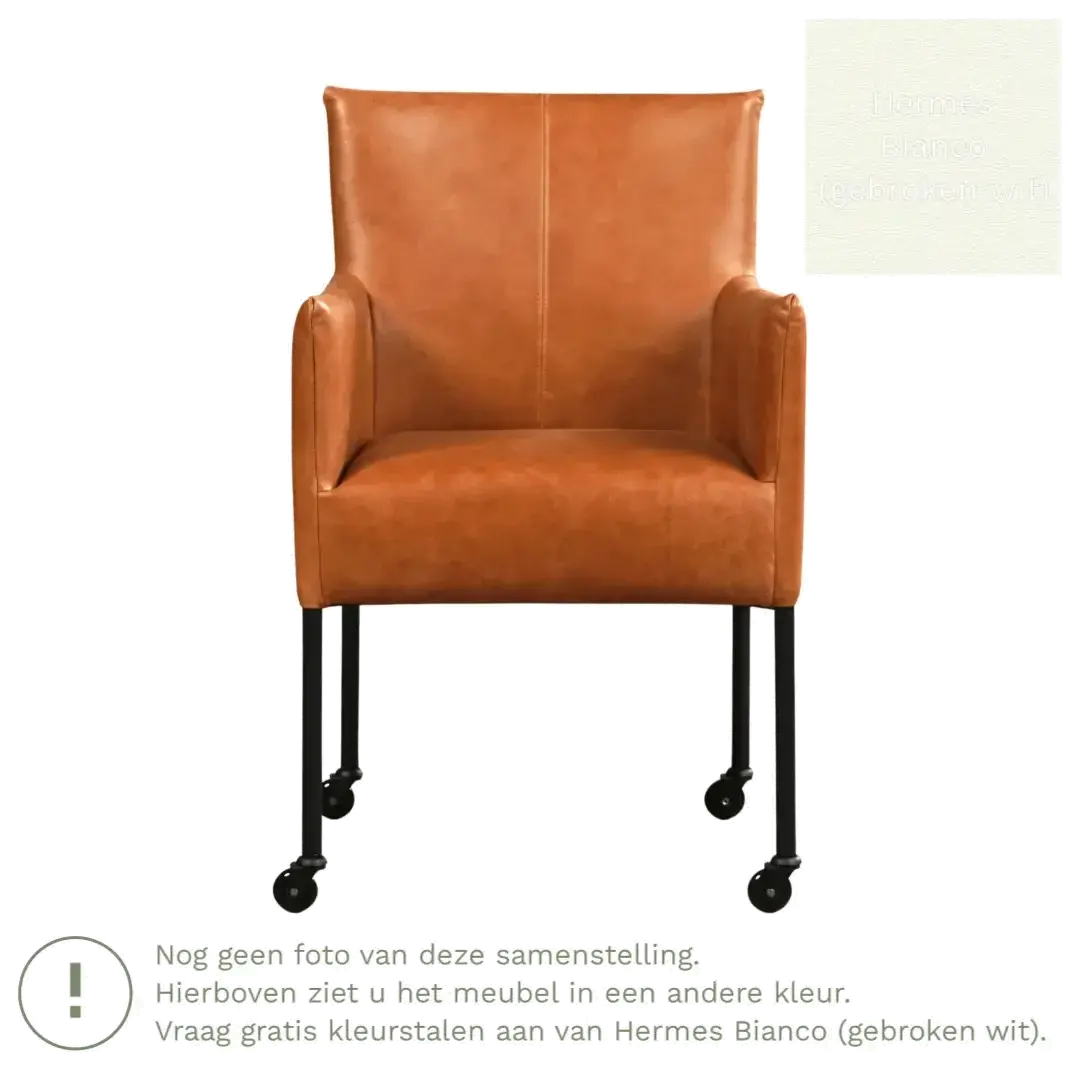 afbeelding van Leren eetkamerstoel Desire - Hermes Bianco (gebroken wit) - Poten staal rond RVS